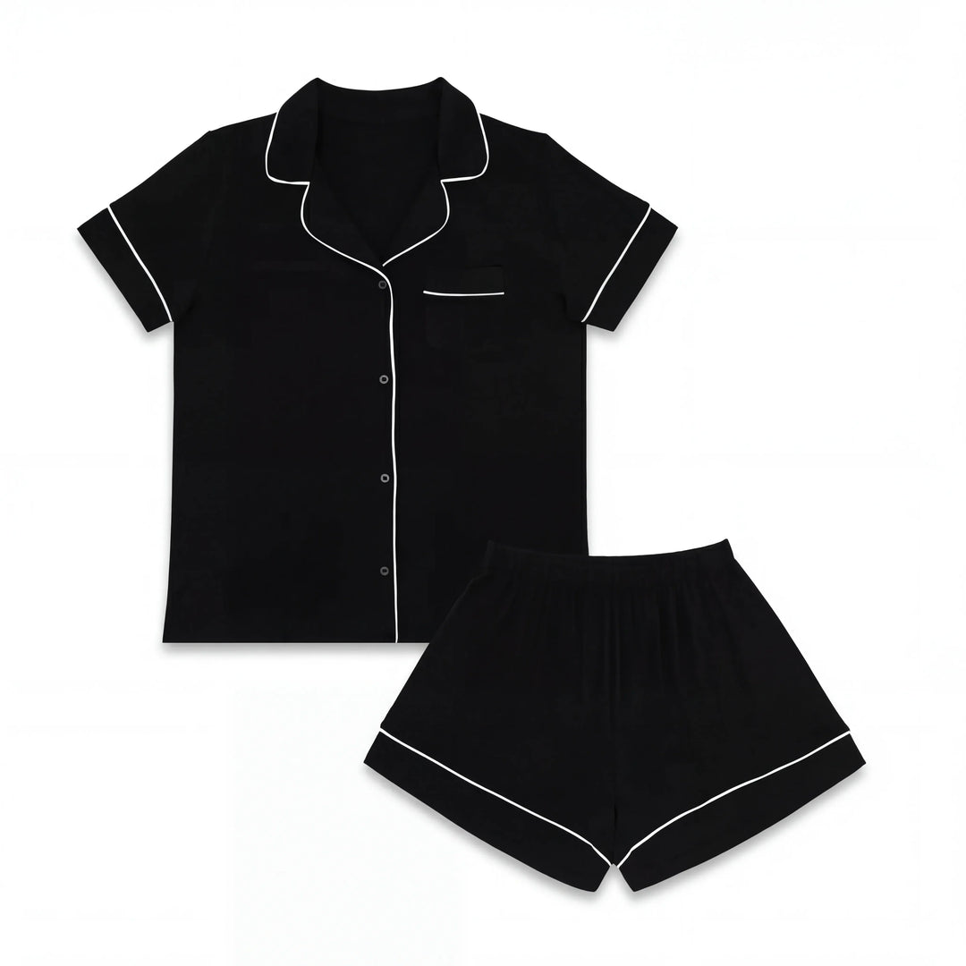 Conjunto de pijama corto de bambú negro lavanda para mujer