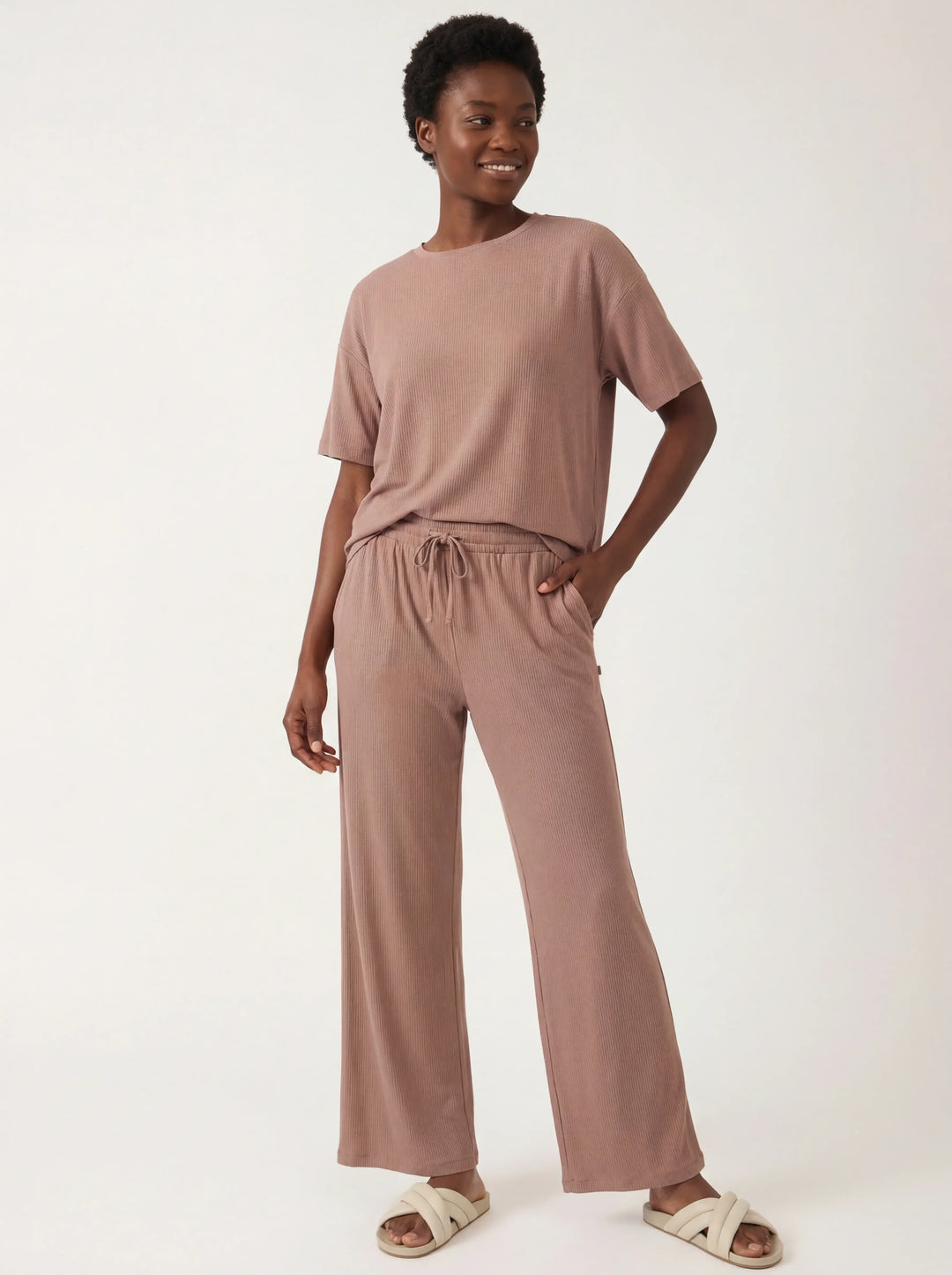Hazy Brown Bamboo Women Ribbed T-Shirt