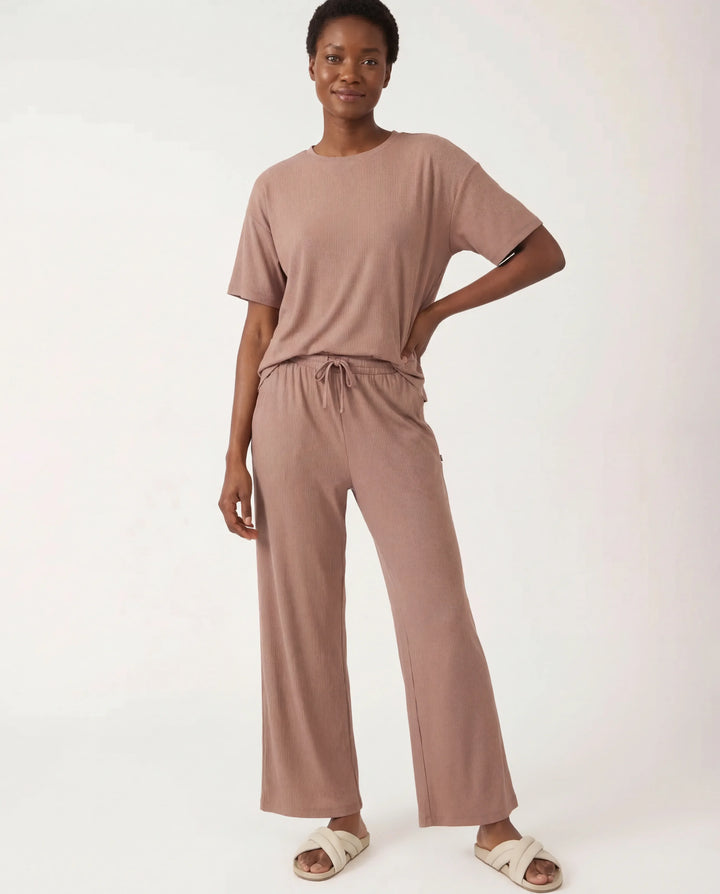 Hazy Brown Bamboo Ribbed Wide Leg Pant