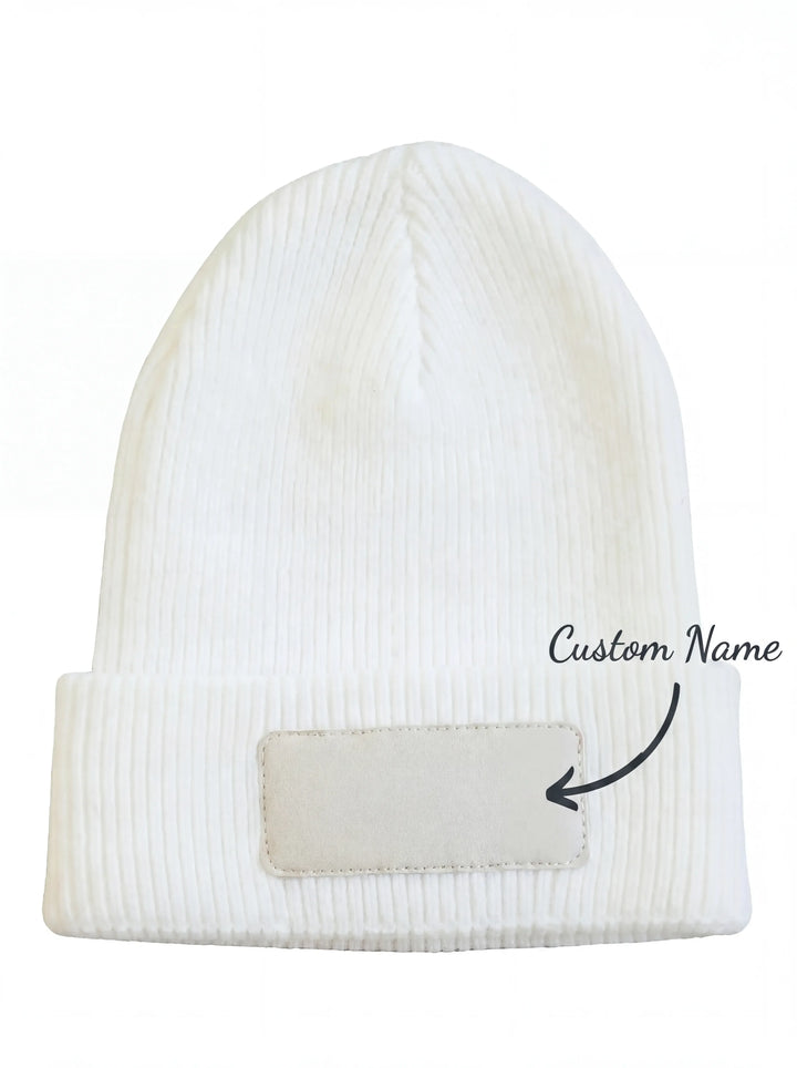 Custom Name Solid Color Leather Patch Beanie