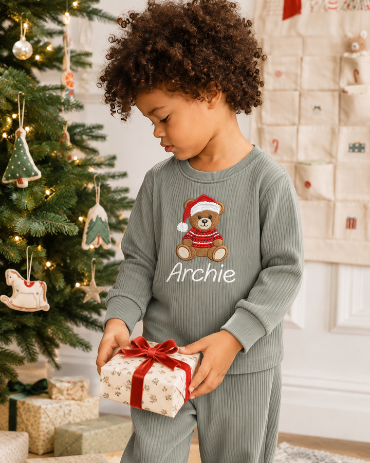 Cozy Teddy Embroidered Ribbed Bamboo Two Piece Long Sleeve Pajama Set