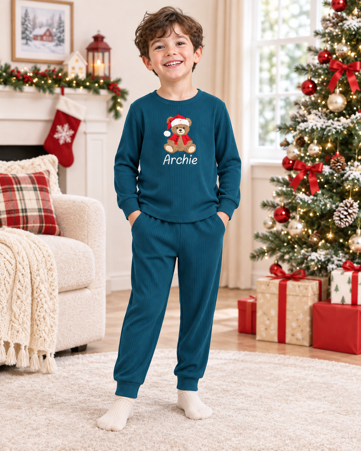 Cute Teddy Santa Embroidered Ribbed Bamboo Two Piece Long Sleeve Pajama Set