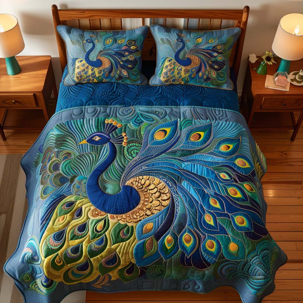 Art Deco Peacock Elegance Bamboo Quilt Bedding Set