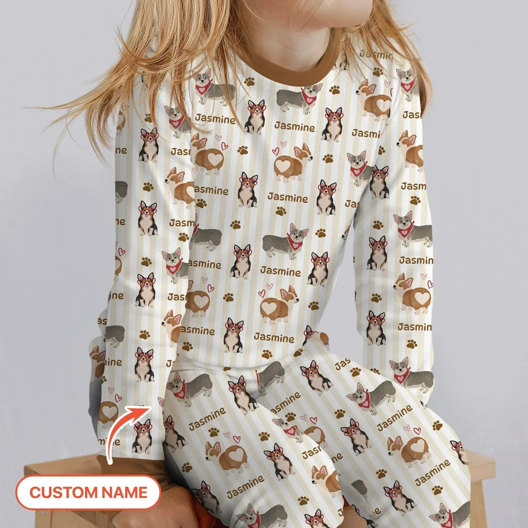 Custom Name Playful Corgis Family Matching Two Piece Long Sleeve Pajama Set