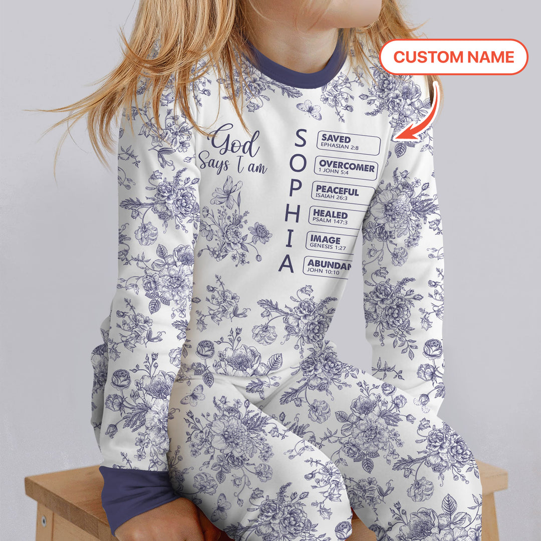 God Says I Am – Faith in Bloom Custom Name and Affirmations Two Piece Long Sleeve Pajama Set