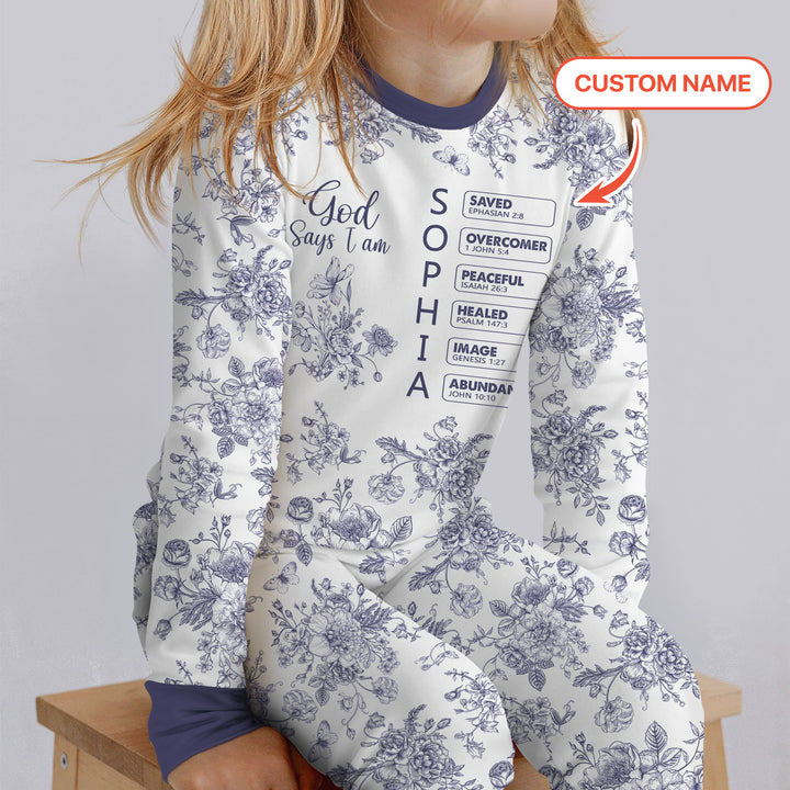 God Says I Am – Faith in Bloom Custom Name and Affirmations Two Piece Long Sleeve Pajama Set