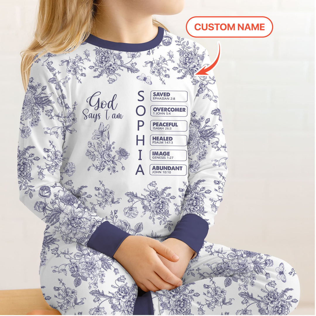 God Says I Am – Faith in Bloom Custom Name and Affirmations Two Piece Long Sleeve Pajama Set