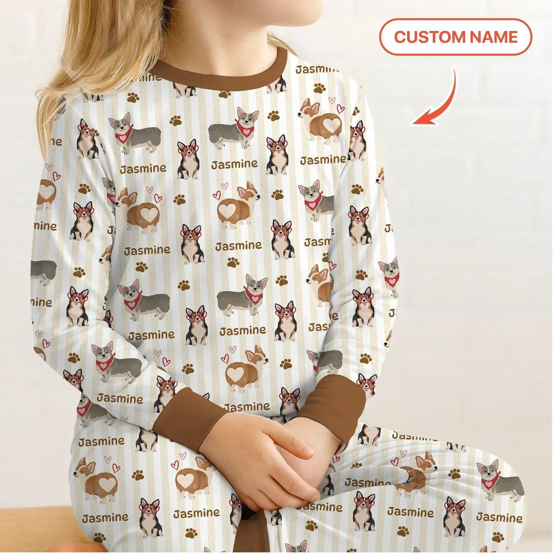 Custom Name Playful Corgis Family Matching Two Piece Long Sleeve Pajama Set