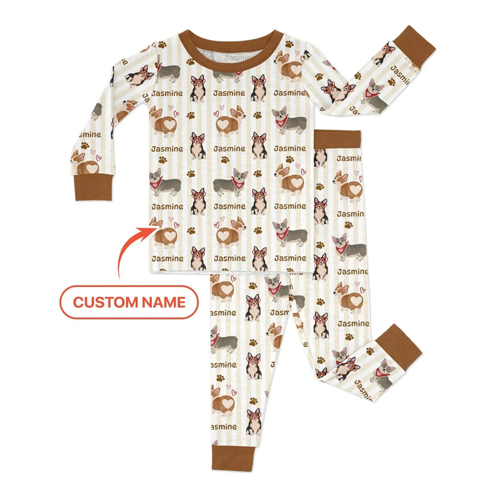Custom Name Playful Corgis Family Matching Two Piece Long Sleeve Pajama Set