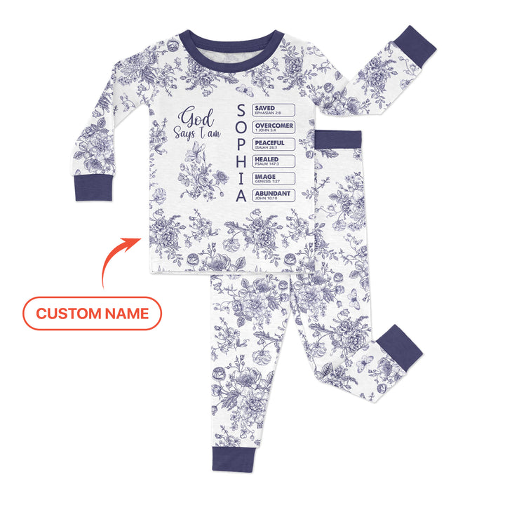 God Says I Am – Faith in Bloom Custom Name and Affirmations Two Piece Long Sleeve Pajama Set