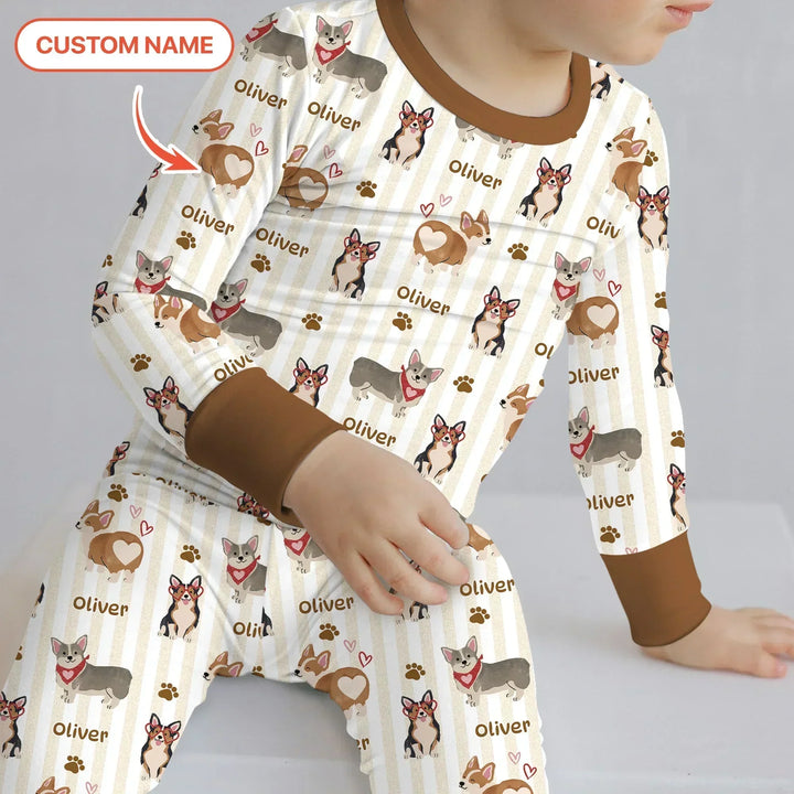 Custom Name Playful Corgis Family Matching Two Piece Long Sleeve Pajama Set