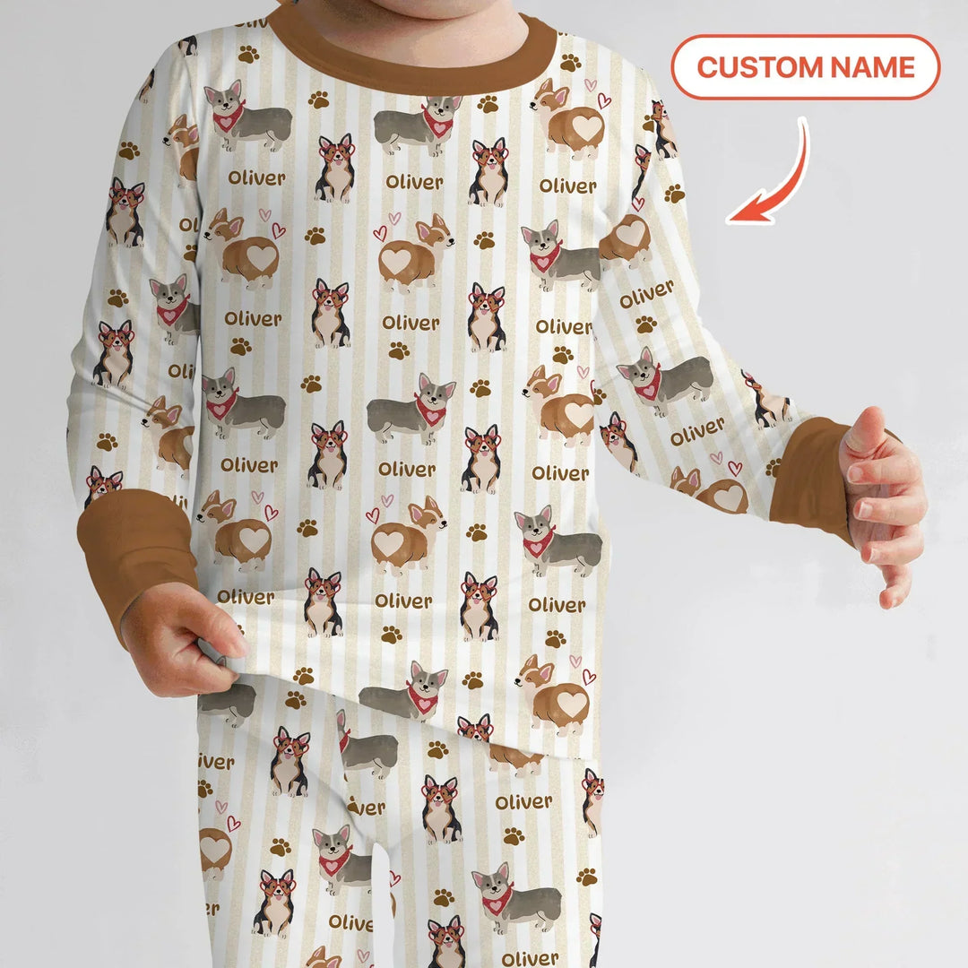 Custom Name Playful Corgis Family Matching Two Piece Long Sleeve Pajama Set