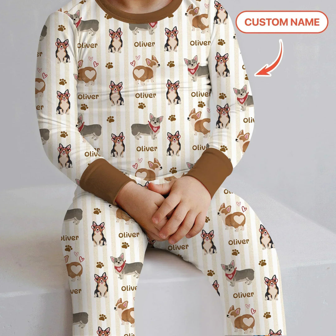 Custom Name Playful Corgis Family Matching Two Piece Long Sleeve Pajama Set