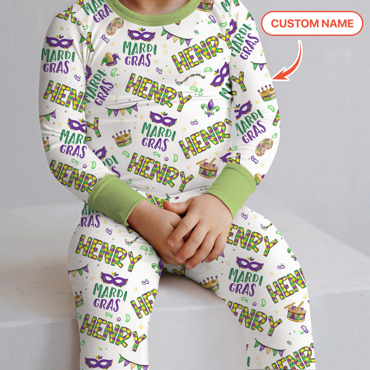 Custom Name Make your own Mardi Gras Two Piece Long Sleeve Pajama Set