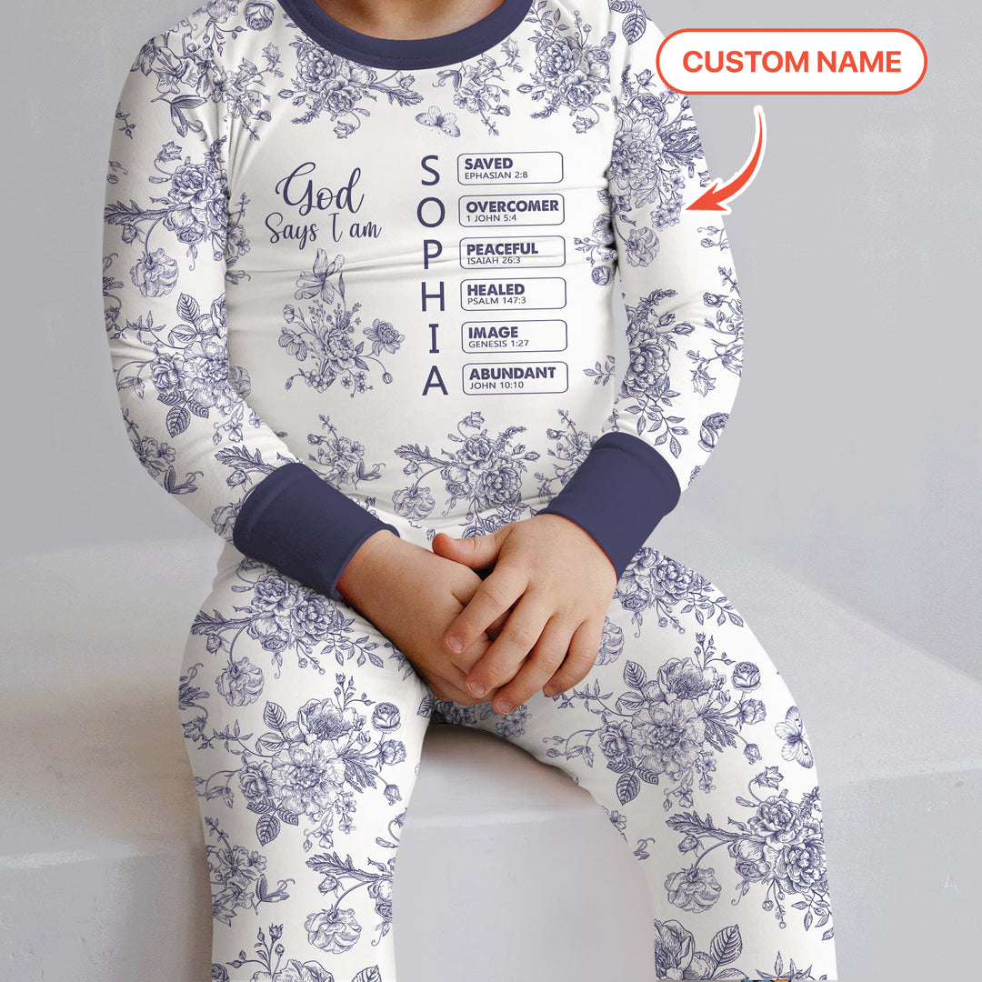 God Says I Am – Faith in Bloom Custom Name and Affirmations Two Piece Long Sleeve Pajama Set