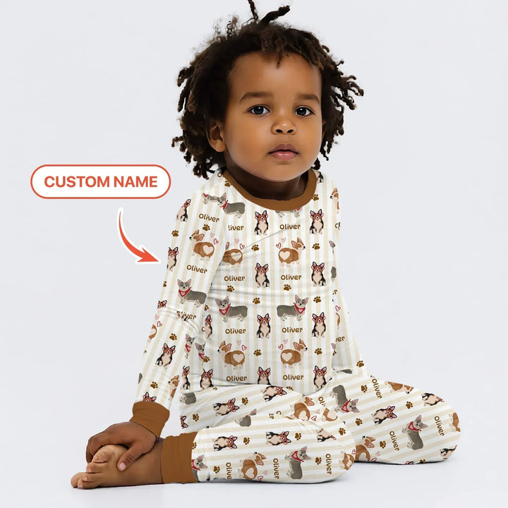 Custom Name Playful Corgis Family Matching Two Piece Long Sleeve Pajama Set