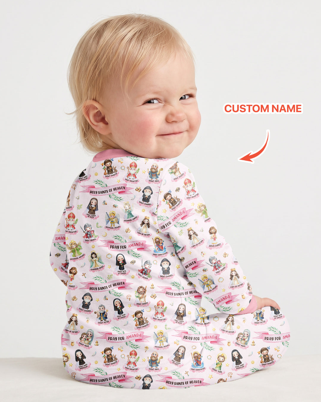 Santas y Santos del Cielo Juego de Pijama de Dos Piezas de Bambú de Manga Larga con Nombre Personalizado