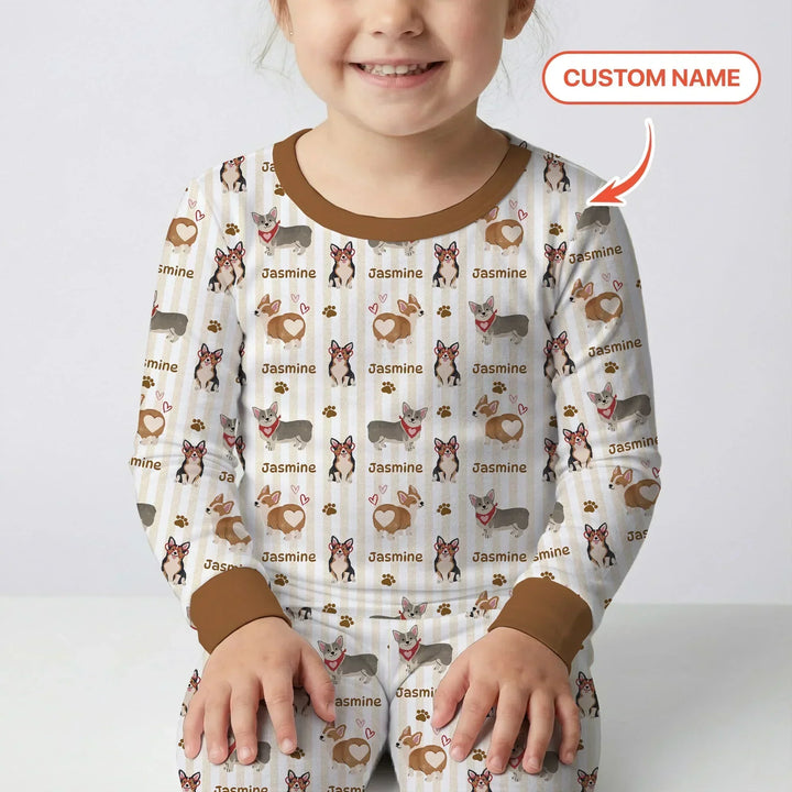 Custom Name Playful Corgis Family Matching Two Piece Long Sleeve Pajama Set
