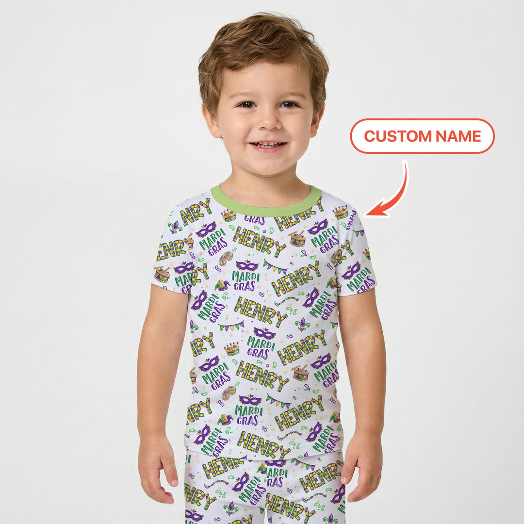 Custom Name Make your own Mardi Gras Two Piece Short Sleeve Pajama Set