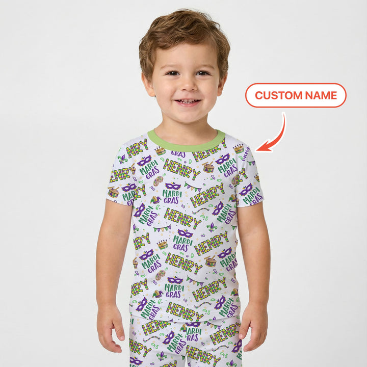 Custom Name Make your own Mardi Gras Two Piece Short Sleeve Pajama Set