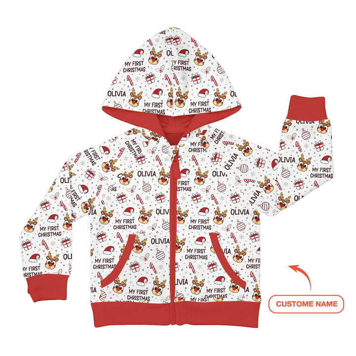 Custom Name Reindeer Doodle My First Christmas Zip Hoodie