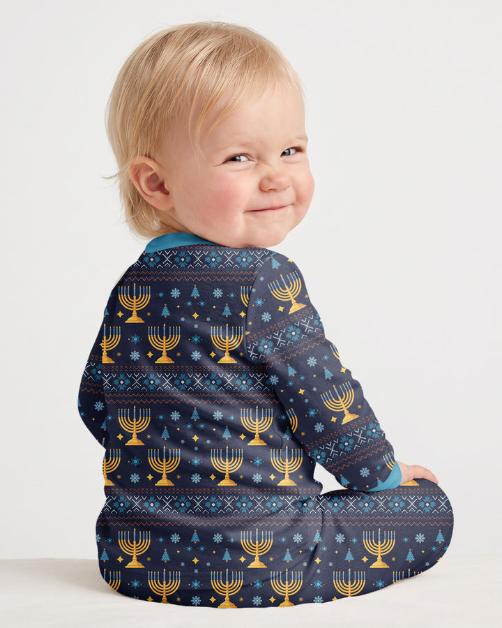 Custom Name Jewdolph Hanukkah Bamboo Two Piece Long Sleeve Pajama Set
