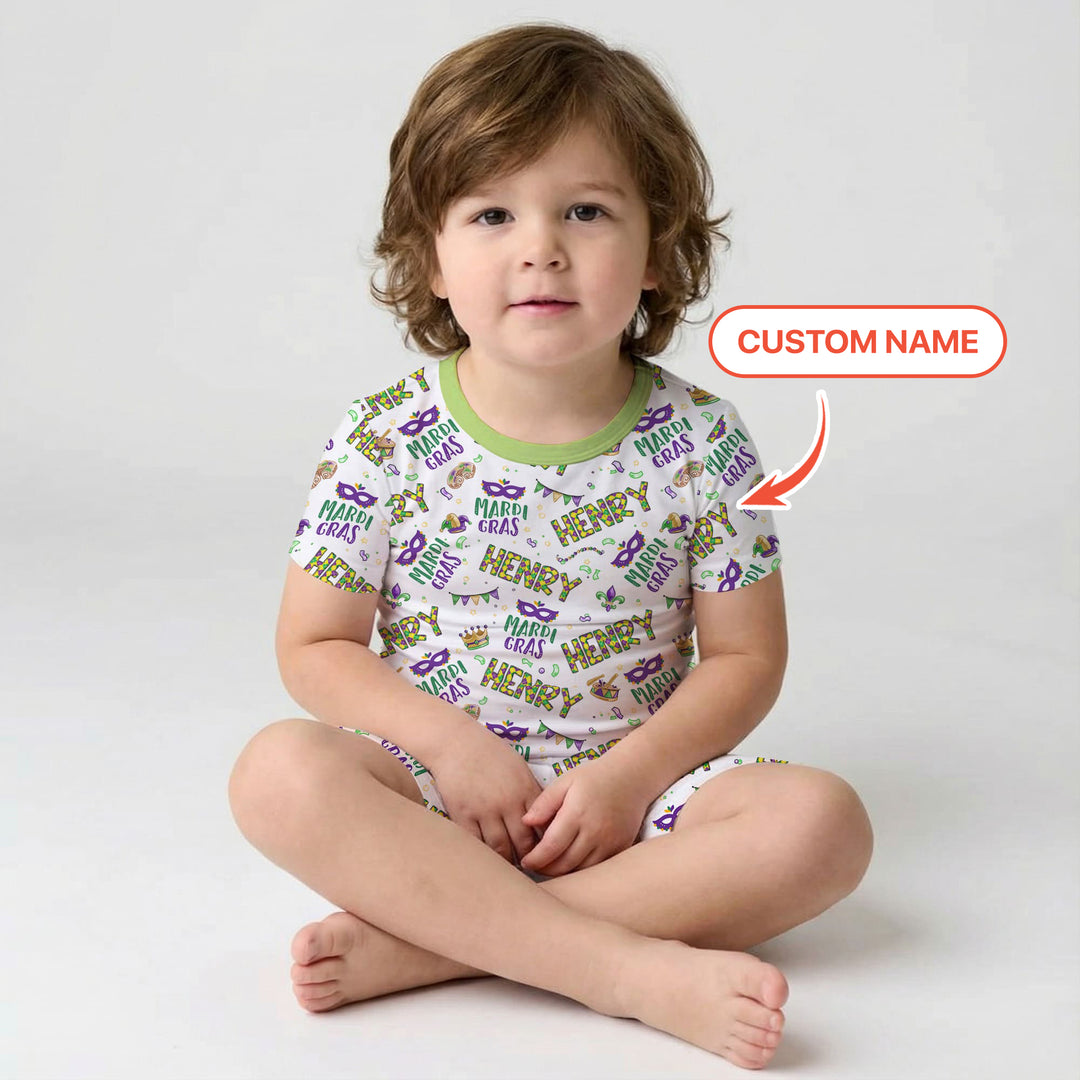 Custom Name Make your own Mardi Gras Two Piece Short Sleeve Shorts Pajama Set