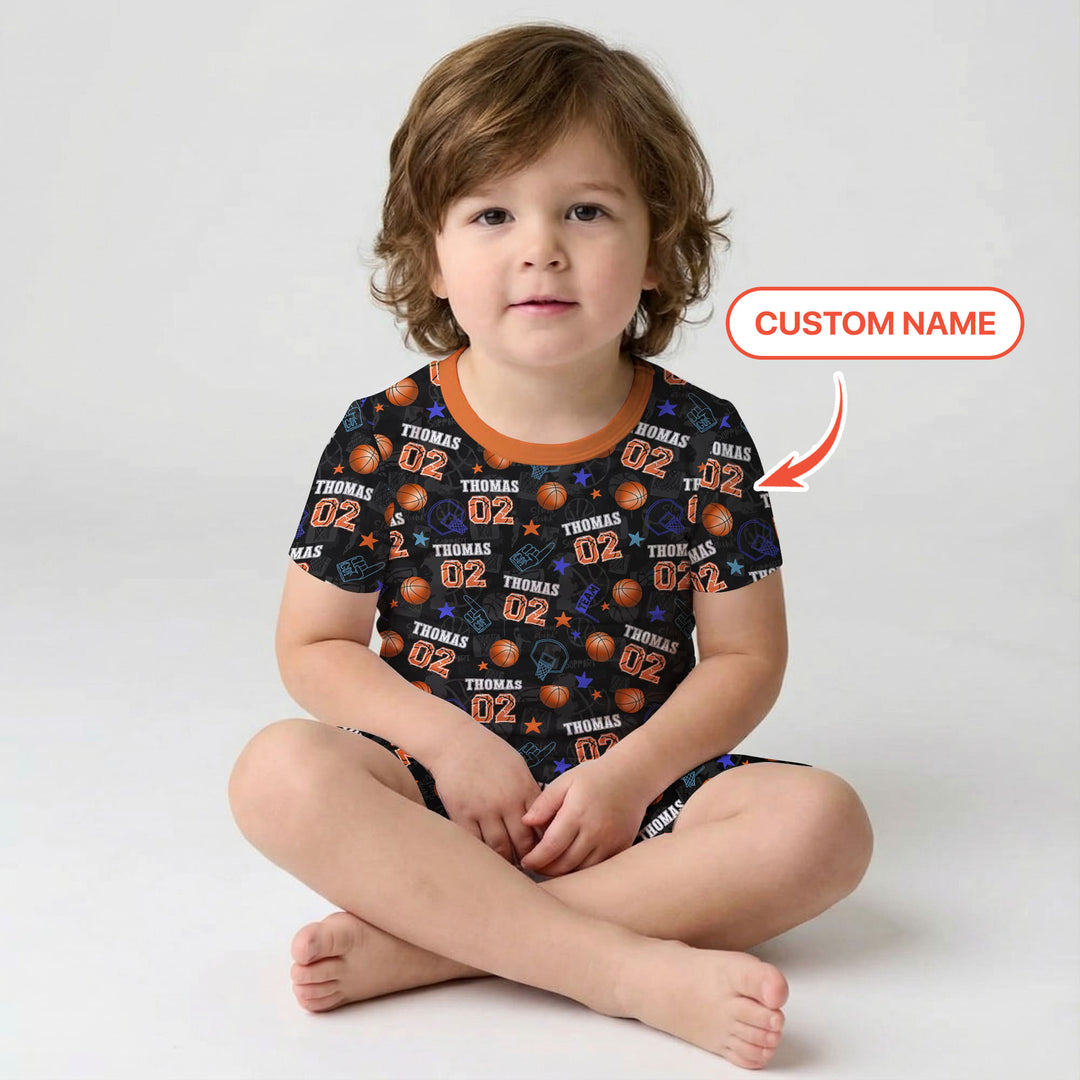 Custom Name Basketball Time Two Piece Short Sleeve Shorts Pajama Set