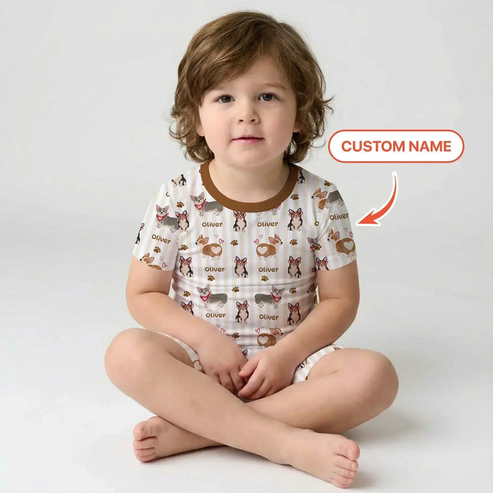 Custom Name Playful Corgis Family Matching Bamboo Two Piece Short Sleeve Shorts Pajama Set