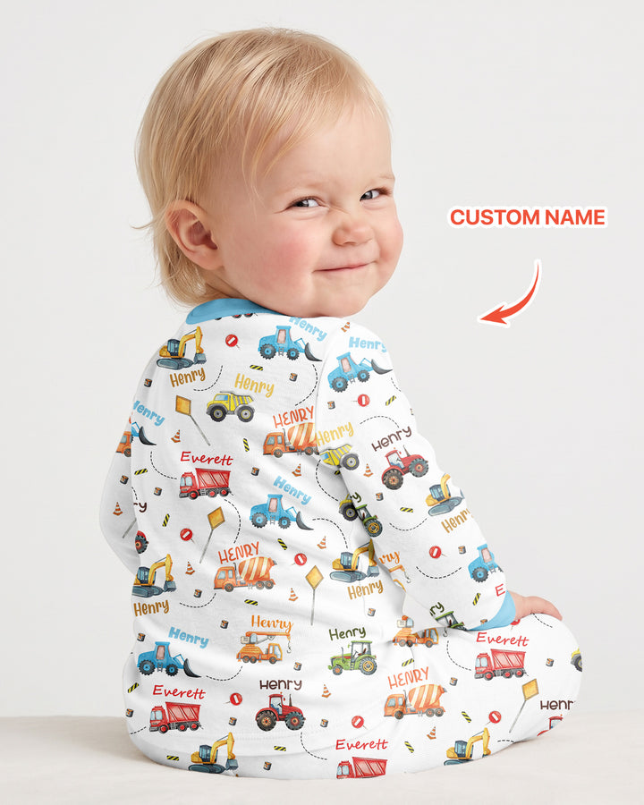 Construction Vehicles Custom Name Bamboo Two Piece Long Sleeve Pajama Set