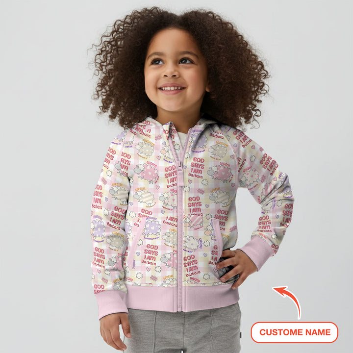 Little Lamb God Says I Am Custom Name Zip Hoodie