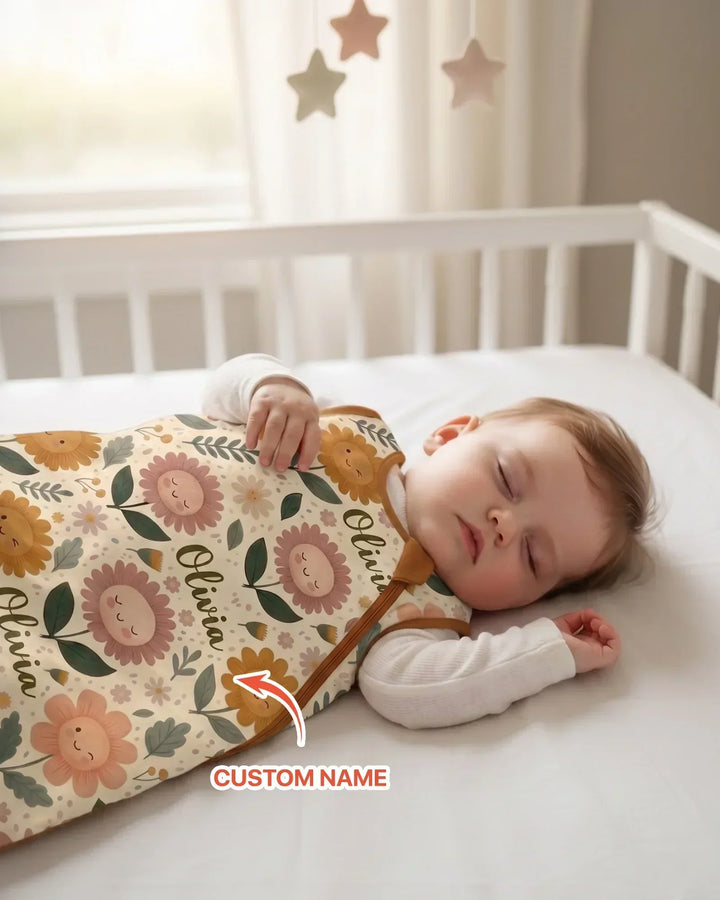 Saco de dormir de bambú personalizado con nombre, para bebé, con flores