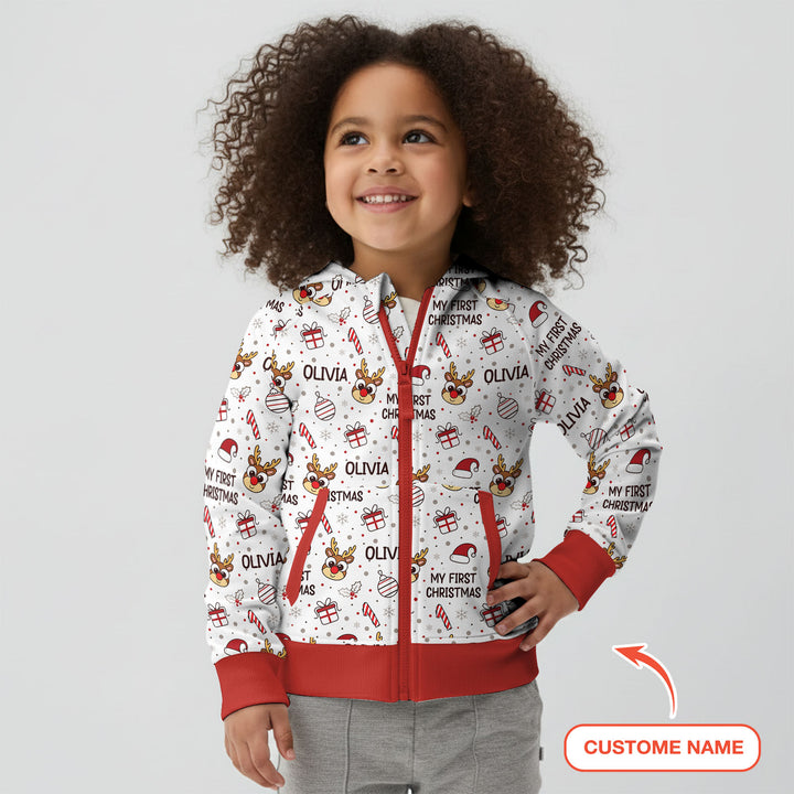Custom Name Reindeer Doodle My First Christmas Zip Hoodie