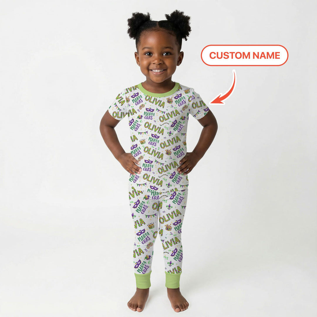Custom Name Make your own Mardi Gras Two Piece Short Sleeve Pajama Set