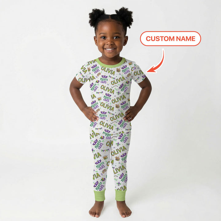 Custom Name Make your own Mardi Gras Two Piece Short Sleeve Pajama Set
