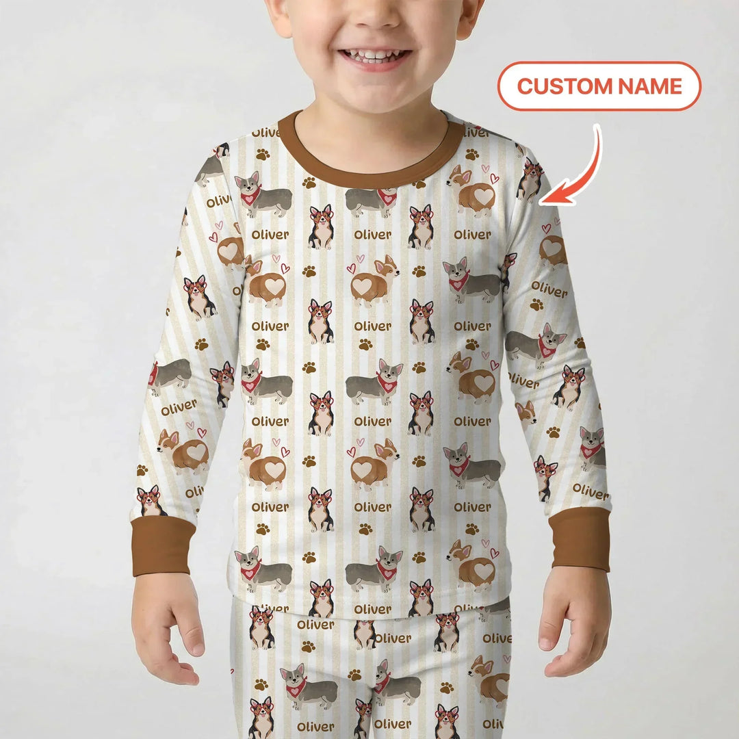 Custom Name Playful Corgis Family Matching Two Piece Long Sleeve Pajama Set