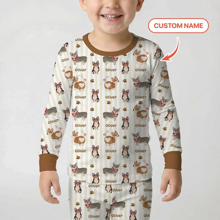 Custom Name Playful Corgis Family Matching Two Piece Long Sleeve Pajama Set