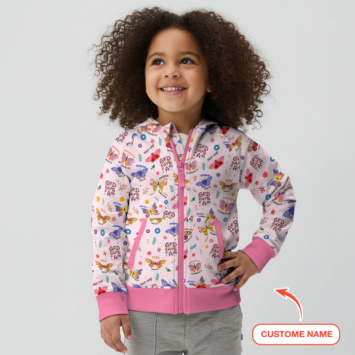 God says I am Butterfly Custom Name  Zip Hoodie