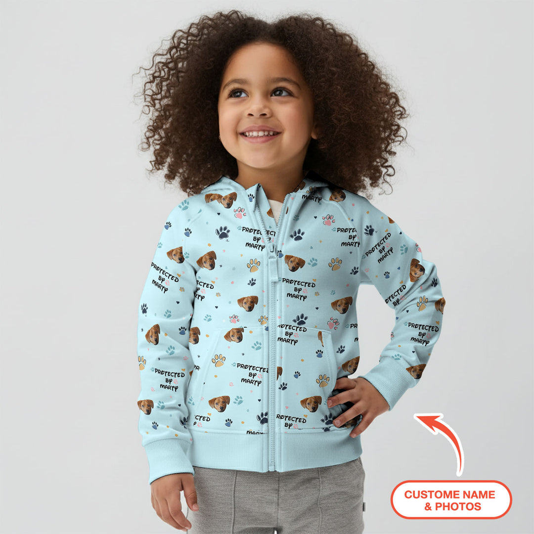 Custom Dog Photo Pattern "Protected By" Zip Hoodie