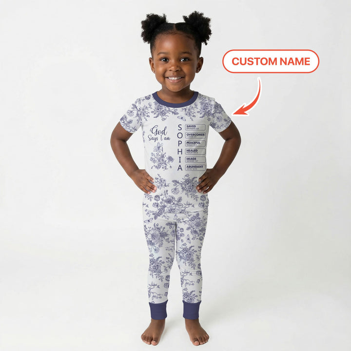 God Says I Am – Faith in Bloom Custom Name and Affirmations Two Piece Short Sleeve Pajama Set