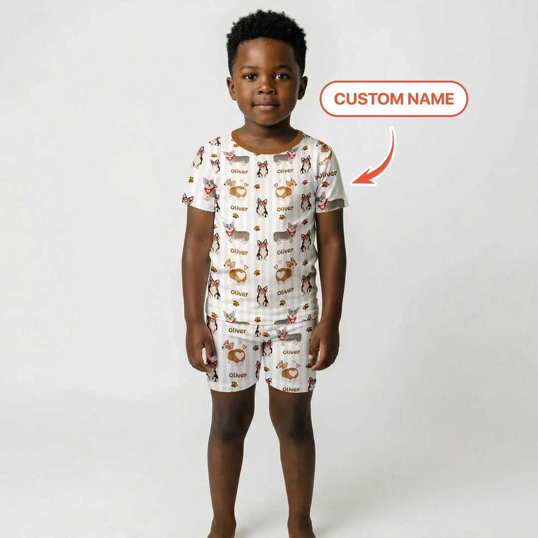 Custom Name Playful Corgis Family Matching Bamboo Two Piece Short Sleeve Shorts Pajama Set