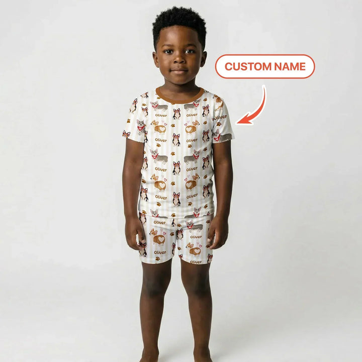 Custom Name Playful Corgis Family Matching Bamboo Two Piece Short Sleeve Shorts Pajama Set