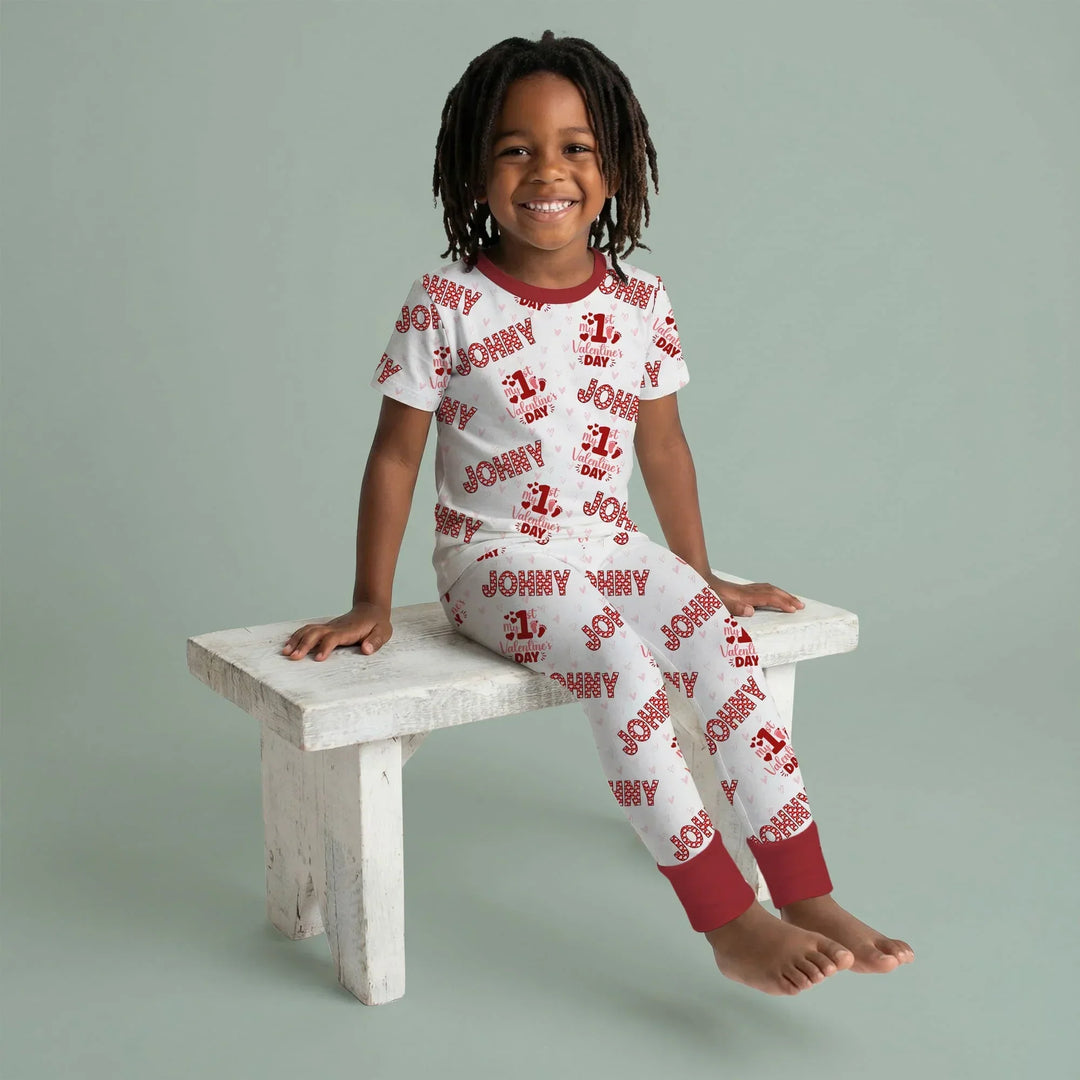 Custom Name My 1st Valentine's Day Two Piece Short Sleeve Pajama Set
