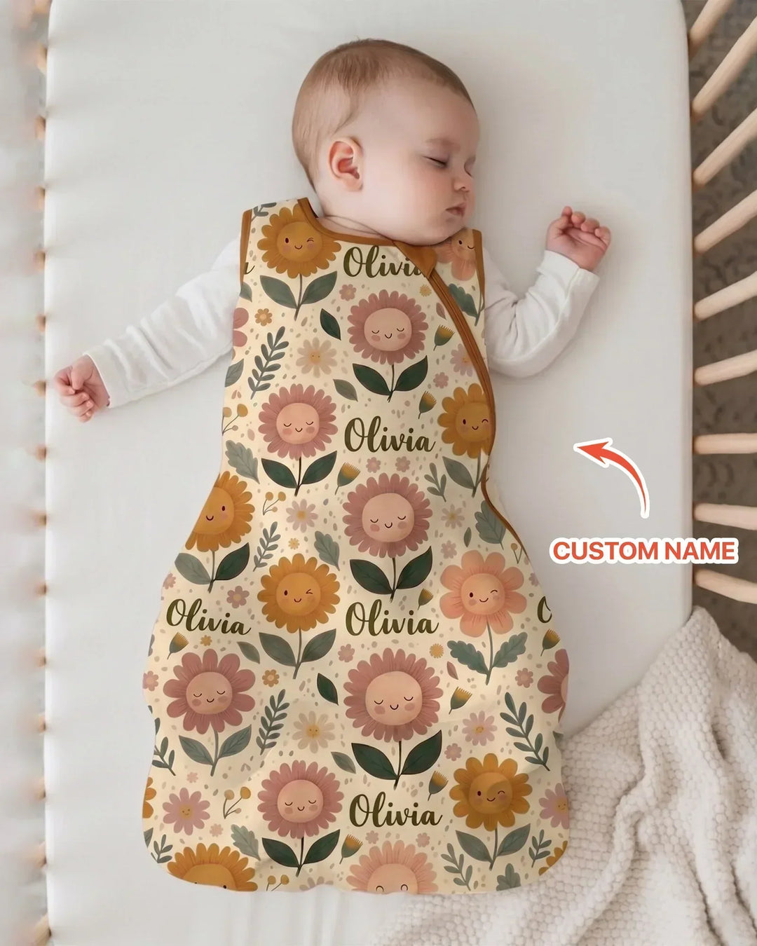 Saco de dormir de bambú personalizado con nombre, para bebé, con flores
