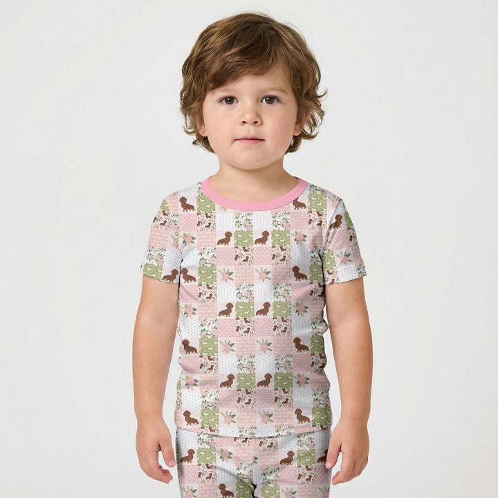 Floral Dachshund Grace Two Piece Short Sleeve Shorts Pajama Set