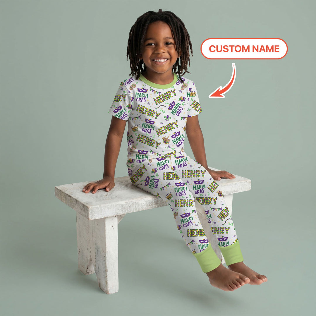 Custom Name Make your own Mardi Gras Two Piece Short Sleeve Pajama Set