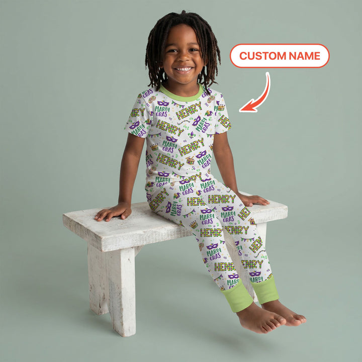 Custom Name Make your own Mardi Gras Two Piece Short Sleeve Pajama Set