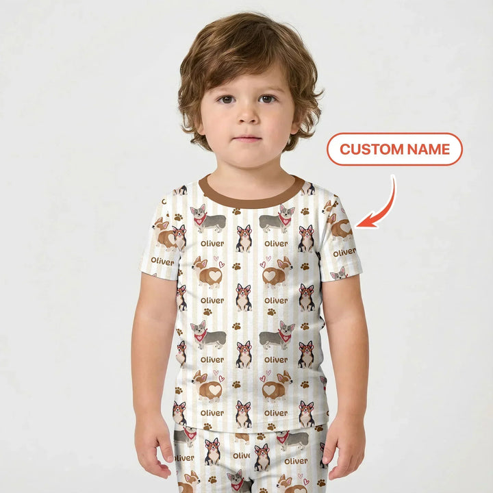 Custom Name Playful Corgis Family Matching Bamboo Two Piece Short Sleeve Shorts Pajama Set