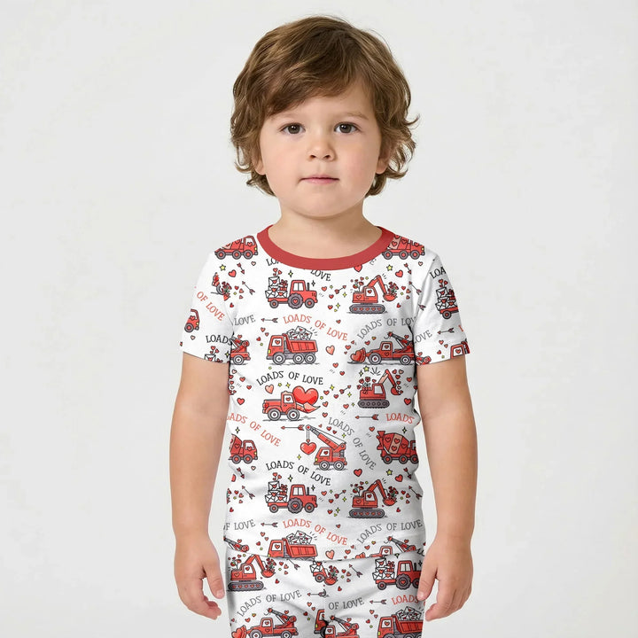 Construction Trucks Loads of Love Two Piece Short Sleeve Shorts Pajama Set