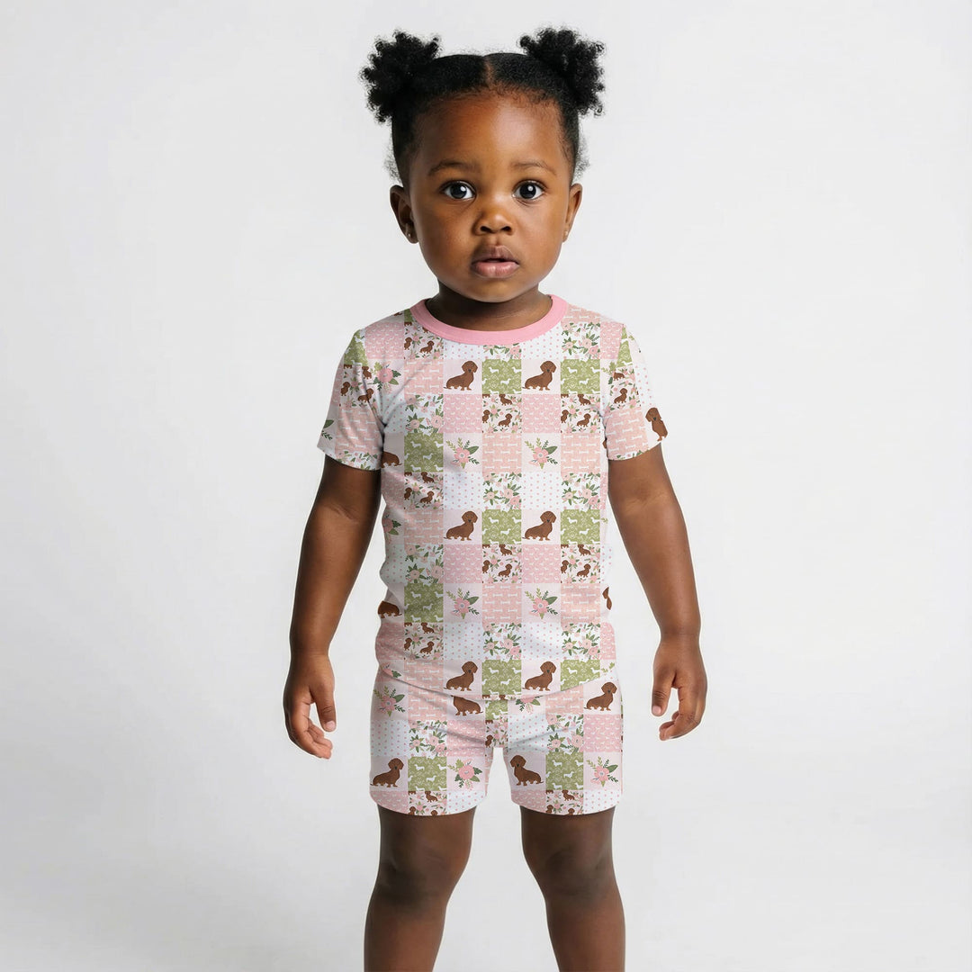 Floral Dachshund Grace Two Piece Short Sleeve Shorts Pajama Set